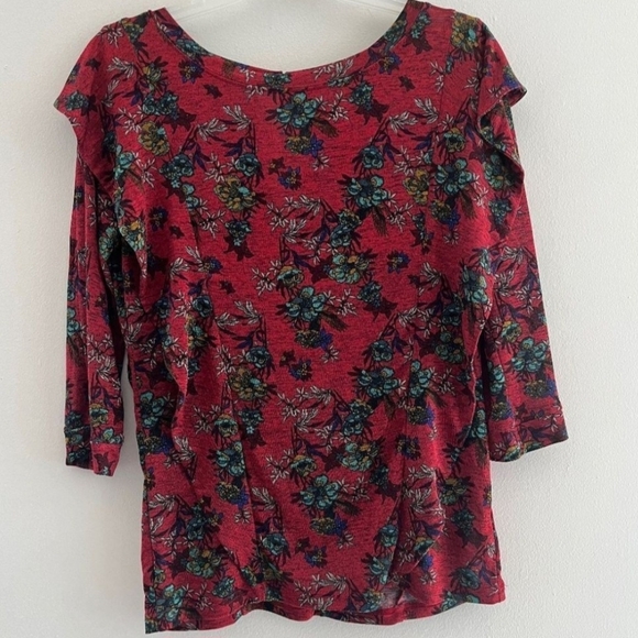 Free People Floral Red Women's Top Size Large Long Ruffle Sleeves Crew Neck - Picture 1 of 8